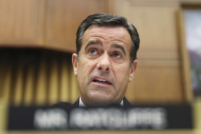 In this July 24 file photo, Rep. John Ratcliffe, R-Texas., questions former special counsel Robert Mueller as he testifies before the House Intelligence Committee hearing on his report on Russian election interference, on Capitol Hill in Washington. President Donald Trump tweeted Sunday that the nation’s top intelligence official would step aside on Aug. 15, and that he would nominate Ratcliffe to the post, following a report Director of National Intelligence Dan Coats is leaving his job next month. [ANDREW HARNIK/ASSOCIATED PRESS]