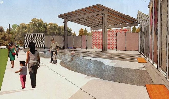This is an artist rendering of the Arts Plaza project being built is downtown Freeport.