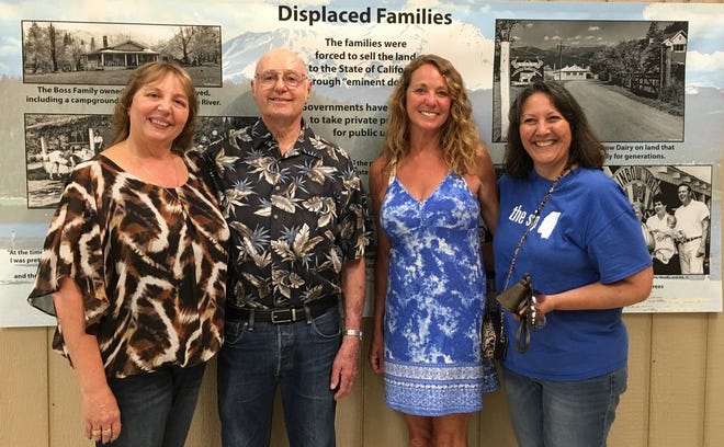 After another crowd-pleasing presentation about the History of Lake Siskiyou, the Boss and Spini families talked about their experiences living in the area where Lake Siskiyou is today. Pictured are Cheryl Hansen-Pigoni, Ned Boss, and two Spini family cousins, Susan Moreno, and Mary Dremel, with the old Spini Ranch cow bell. Boss talked about the past – now hear about the future of Lake Siskiyou on Thursday, July 25, at 7 p.m.