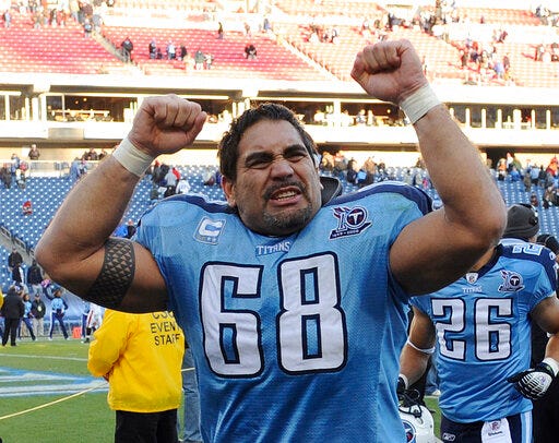 FILE - In this Dec. 7, 2008, file photo, Tennessee Titans center Kevin Mawae (68) leaves the field after beating the Cleveland Browns 28-9 to win the AFC South title in an NFL football game in Nashville, Tenn. Mawae will be inducted into the Pro Football Hall of Fame in Canton, Ohio on Aug. 3, 2019.(AP Photo/John Russell, File)