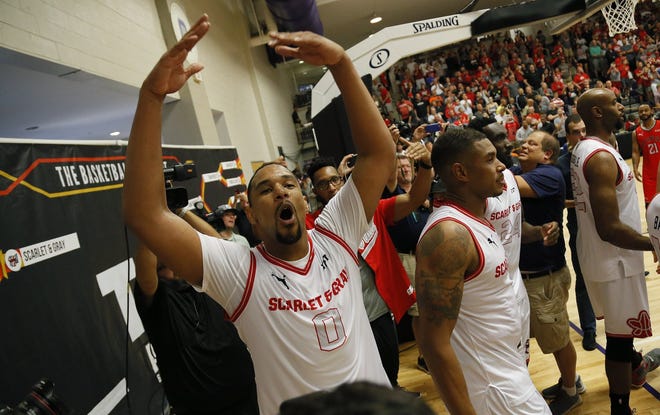 Scarlet & Gray Jared Sullinger (0) cheers with the fans following The Basketball Tournament second-round game against the Matadors at Capital University in Columbus on July 22, 2018. Team Scarlet & Gray won 82-73. [Adam Cairns / Dispatch]