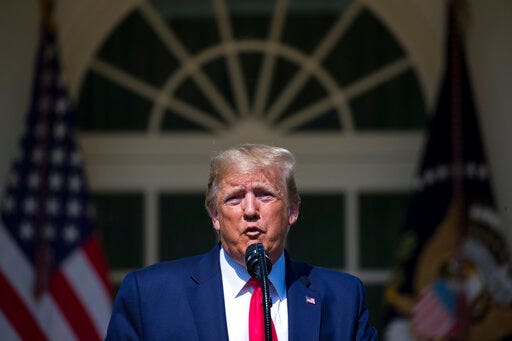 In this July 29, 2019, photo, President Donald Trump speaks before signing H.R. 1327, an act ensuring that a victims' compensation fund related to the Sept. 11 attacks never runs out of money, in the Rose Garden of the White House in Washington. (AP Photo/Alex Brandon)