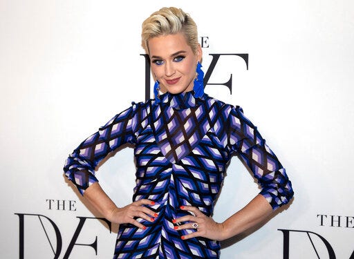 FILE - This April 11, 2019 file photo shows Katy Perry at the 10th annual DVF Awards at the Brooklyn Museum in New York. A jury has found that Perry’s 2013 hit “Dark Horse,” copied a 2009 Christian rap song. The nine-member federal jury in Los Angeles returned the unanimous verdict Monday, July 29, 2019. (Photo by Andy Kropa/Invision/AP, File)