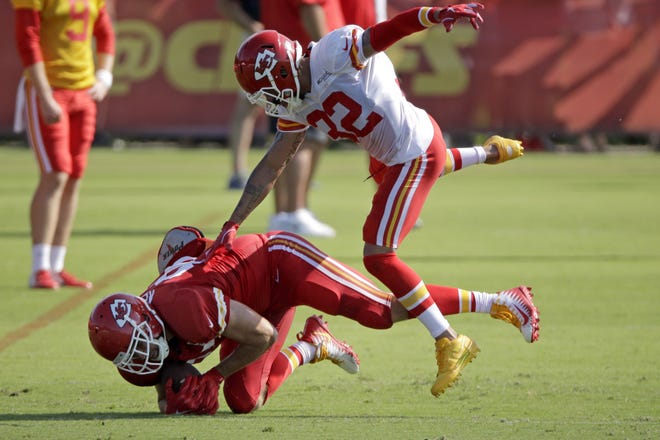 Kansas City Chiefs tight end Travis Kelce, left, gets past free safety Tyrann Mathieu to catch a pass during training camp Monday in St. Joseph, Mo. [Charlie Riedel/The Associated Press]