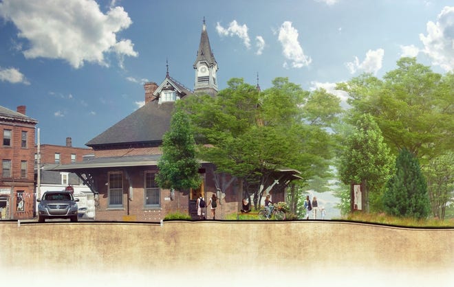 This artist’s rendering shows what the Twin Cities Rail Trail would look like as it goes past the former train station in downtown Leominster. [SUBMITTED GRAPHIC]