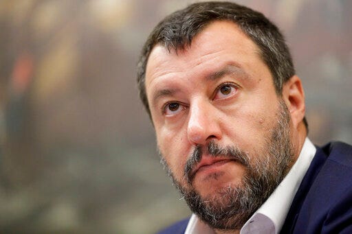 Italian Interior Minister and deputy Premier Matteo Salvini listens to journalists questions during a press conference he held in Rome, Thursday, July 25, 2019. (AP Photo/Andrew Medichini)