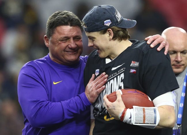 LSU quarterback Joe Burrow, right, wasn't pleased with a professor's comments questioning money spent on locker room upgrades. [AP Photo/Ross D. Franklin]