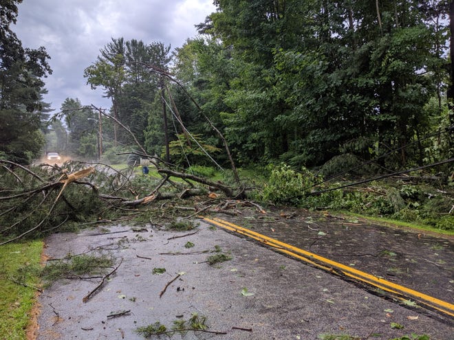 Tree limbs fell onto power lines at the intersection of Indian Trail and Organug Road in York, Maine, Wednesday. [Deborah McDermott/Seacoastonline]