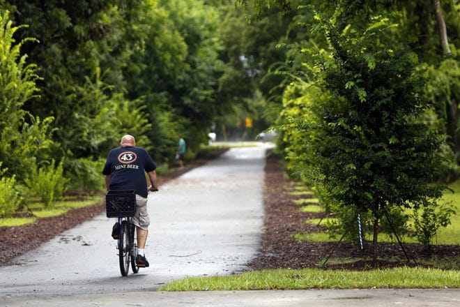 A cyclist rides on the West Sixth Street section of the Gainesville Rail Trail. [File]
