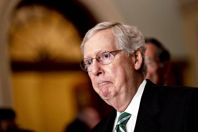 Senate Majority Leader Mitch McConnell, R-Ky., pauses while speaking during a news conference after a Senate Republican policy luncheon at the U.S. Capitol in Washington on July 29. (Andrew Harrer/Bloomberg)