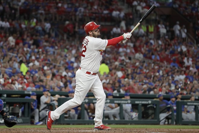 St. Louis Cardinals catcher Matt Wieters watches his three-run home run during the sixth inning of Thursday's game against the Chicago Cubs in St. Louis. (AP Photo/Jeff Roberson)