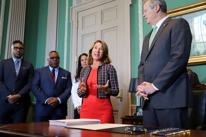 Lt. Gov. Karyn Polito highlighted funding for sexual and domestic assault prevention Wednesday after Gov. Charlie Baker signed the new state budget into law. [Photo: Sam Doran/SHNS]