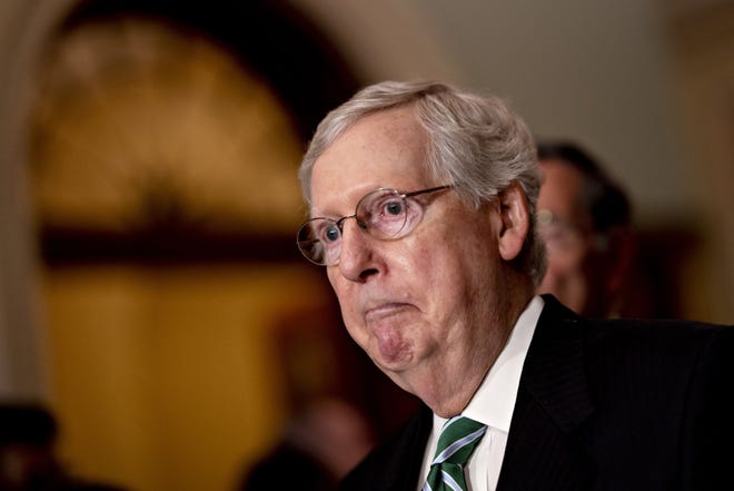 Senate Majority Leader Mitch McConnell, R-Ky., pauses while speaking during a news conference after a Senate Republican policy luncheon at the U.S. Capitol in Washington on July 29, 2019. MUST CREDIT: Bloomberg photo by Andrew Harrer.
