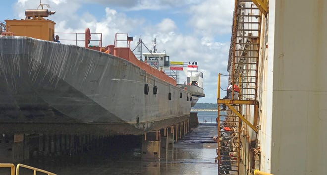 The JTA's St. Johns River Ferry, the Jean Ribault, sits in drydock earlier this week for an estimated two weeks of repairs. [Jacksonville Transportation Authority]
