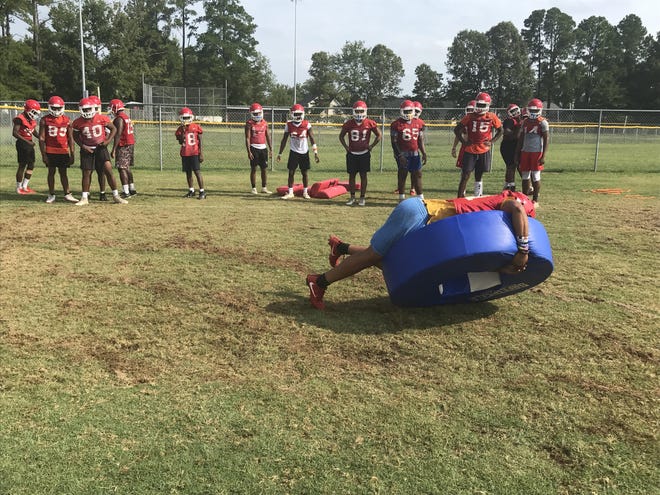 The Falcons worked on form tackling during their second preseason practice of the 2019 season. [Photo by Rodd Baxley]