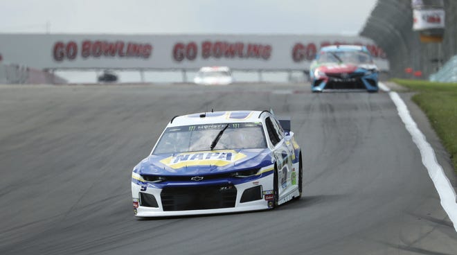 Chase Elliott (9) heads into turn one during a practice run for the NASCAR Cup Series auto race at Watkins Glen International, Saturday, in Watkins Glen, New York. JOHN MUNSON/THE ASSOCIATED PRESS