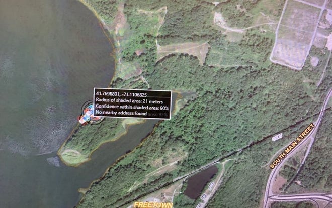 This map of the Taunton River shoreline in Freetown, near the rear of the Stop and Shop Distribution Center property at 170 South Main St., shows where a kayaker was found after being separated from her family Sunday evening when a violent storm rolled through the Southcoast. [Freetown Police Department photo]