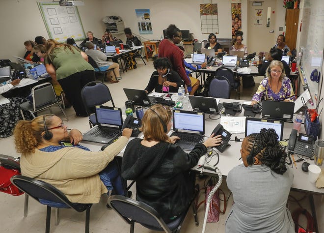 A new, temporary call center to handle parents' questions about school bus assignments, bus stop locations, bus delays and related topics has opened at the Polk County Public Schools Support Services facility in Bartow. [PIERRE DUCHARME/THE LEDGER]