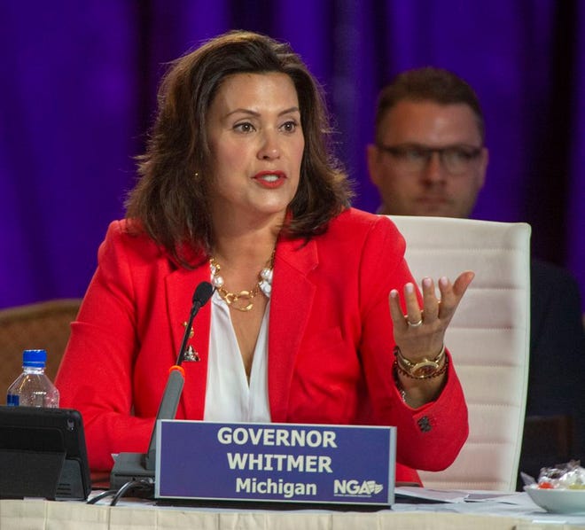 In this July 26, 2019, file photo, Michigan Gov. Gretchen Whitmer speaks during a session at the National Governor's Association conference in Salt Lake City. (Rick Egan/The Salt Lake Tribune via AP, File)