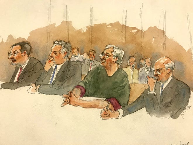 In this courtroom sketch, defendant Jeffrey Epstein, second from right, listens along with his defense attorneys as Judge Richard M. Berman denies him bail on sex trafficking charges during a hearing in federal court on July 18. [Aggie Kenny via AP]