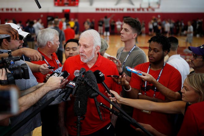 Head coach Gregg Popovich speaks with the media during a training camp for USA Basketball, in Las Vegas in July 2018. USA Basketball opened training camp Monday for the FIBA World Cup, which starts Aug. 31 in China.