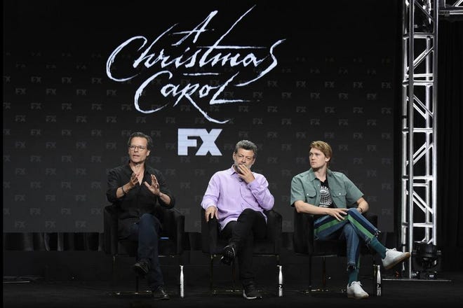 Guy Pearce (from left), Andy Serkis and Joe Alwyn talk about their upcoming FX miniseries “A Christmas Carol” during the 2019 Television Critics Association Summer Press Tour, Aug. 6 in Beverly Hills, California. [AP Photo]