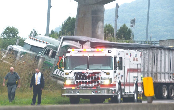 Police said a tractor trailer was forced off the road on I-86 westbound in Painted Post at about 1 p.m. Wednesday following a road rage incident. [Stephen Borgna/The Leader]