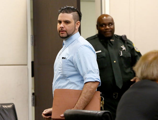 Nelson Armas, 31, on trial for the 2016 murder of Hannah Brim, walks into the courtroom Wednesday at the Alachua County Courthouse in downtown Gainesville. [Brad McClenny/Staff photographer]