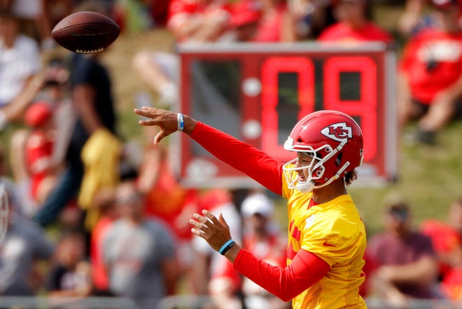 Kansas City Chiefs quarterback Patrick Mahomes throws during NFL football training camp Monday, Aug. 5, 2019, in St. Joseph, Mo. (AP Photo/Charlie Riedel)