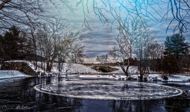 Chris Bilodeau of Douglas, captured a striking image of an ice disk that formed at the Blackstone River & Canal Heritage State Park in Uxbridge, this past winter. [Submitted photo]