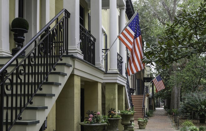 American flags hanging in one of the historic districts of Savannah, Georgia. [iStock photo]