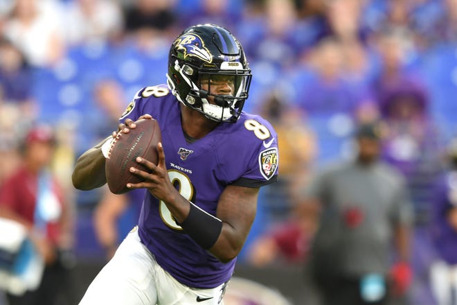 Baltimore Ravens quarterback Lamar Jackson looks to pass against the Jacksonville Jaguars during the first half Thursday, Aug. 8, 2019, in Baltimore. [Gail Burton/The Associated Press]