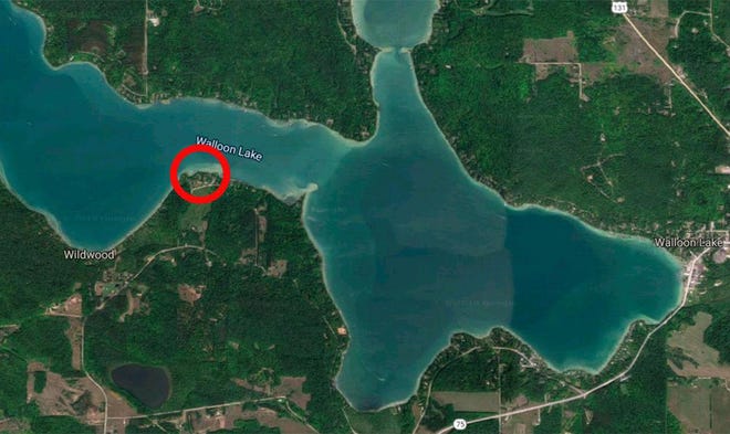 The red circle on this map shows the site of a fuel oil spill that was discovered along the shore of Walloon Lake in late June. (Courtesy image/Google)
