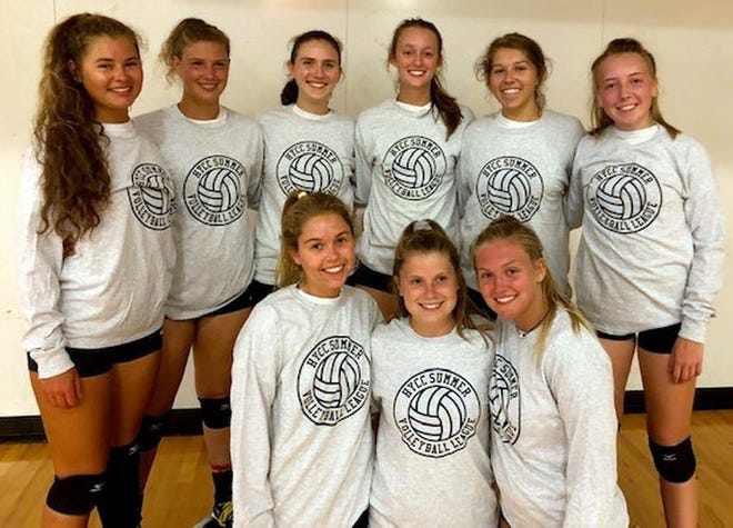 Barnstable HYCC Varsity Summer Volleyball Champs include (front row) Caroline Lewis, Josie Deluga, and Vanessa Jones; and (back row): Lauren Ogonowsky, Dorian Funk, Phoebe Gibson, Sophie Strock, Emily Mulcahy, and Shea Johnson. [BP PHOTO BY MIKE RICHARD]
