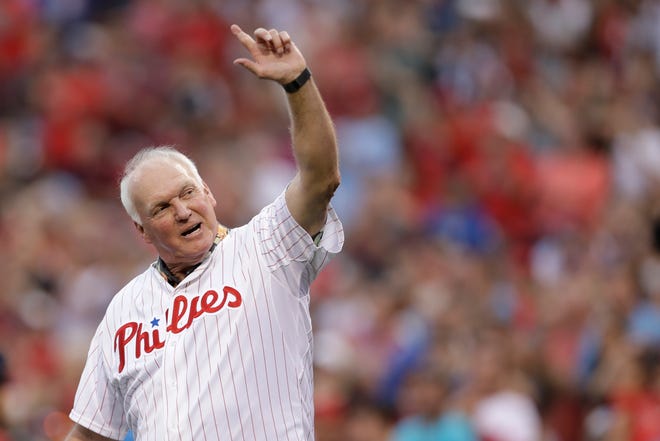 FILE - In this Aug. 12, 2017, file photo, Philadelphia Phillies' Charlie Manuel waves to the crowd before a baseball game against the New York Mets in Philadelphia. The Phillies have hired former manager Charlie Manuel to replace John Mallee as hitting coach. Manuel was working as senior adviser to the general manager. The Phillies announced Tuesday, Aug. 13, 2019, that he would assume his new position for the remainder of the season. (AP Photo/Matt Slocum, File)