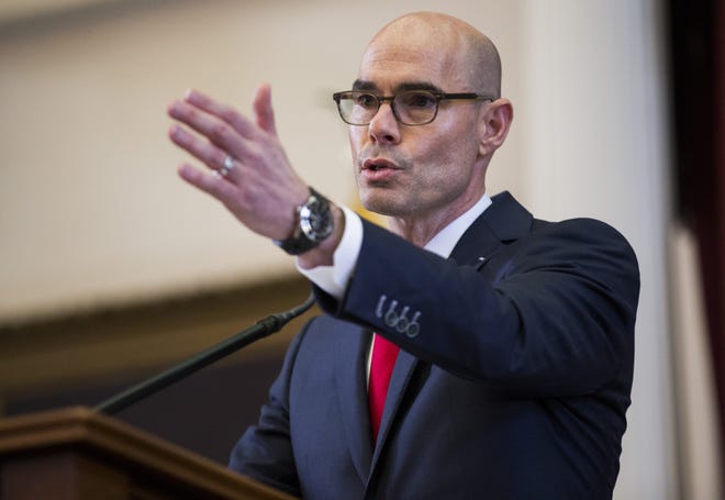 Speaker of the House Dennis Bonnen of Angleton, Texas speaks after he was sworn in on opening day of the 86th Texas legislature on Tuesday, January 8, 2019 at the Texas state Capitol, in Austin, Texas. (Ashley Landis/The Dallas Morning News)