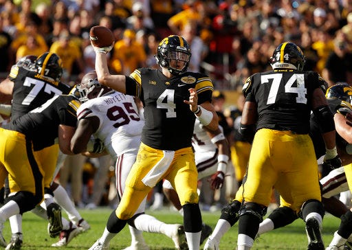 Iowa quarterback Nate Stanley (4) throws a pass against Mississippi State during the second half of the Outback Bowl NCAA college football game Tuesday, Jan. 1, 2019, in Tampa, Fla. (AP Photo/Chris O'Meara)