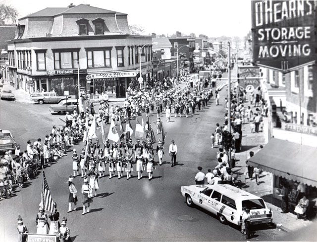 This is the Dorchester Day Parade in June 1967. According to the Dorchester Historical Society, St. Ann's of Neponset led the parade through Fields Corner. The parade celebrated the anniversary of the settlement of Dorchester. Learn more at Learn more at www.dorchesterhistoricalsociety.org.