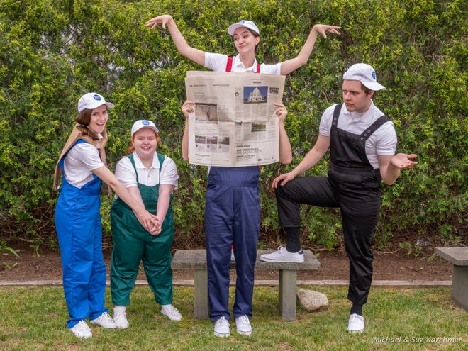 From left, Aisling Sheahan, Alyssa Freeman, Paige O'Connor and Terrence Rex Moos, with Colby Bell behind the newspaper, are the members of the P.I.E. storytelling troupe at Wellfleet Harbor Actors Theater. [MICHAEL AND SUZ KARCHMER].