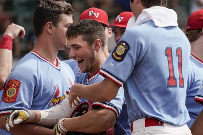 Destrehan, LA Post 366's Stephen Klein celebrates with his teammates after hitting a home run in the third inning during game one of the 2019 American Legion World Series between Danville, IL Post 210 and Destrehan, LA Post 366 on Thursday, Aug. 15, 2019 at Veterans Field at Keeter Stadium in Shelby. [Photo by Ryan Young/The American Legion]
