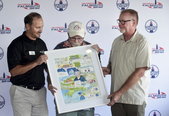 Board member Scott Ghelfi (left) presents Falmouth Walk co-founder Eddie Doyle (center) and Tom Walrath, president of the Falmouth Walk, with the Tommy Leonard poster at the Falmouth road race press conference at Soprano's Casino by the Sea on Friday. Ron Schloerb/Cape Cod Times