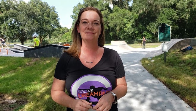 Casi Sprague visits Colin's Dream, an Orange City skate park, which officially opened on Saturday, Aug. 10, 2019, built in memory of her son Colin Anderson, who was fatally hit by a truck in 2013. Sprague made it her mission after her son's death to get a skate park built for the local youth. [News-Journal/Katie Kustura]