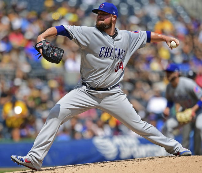 Chicago Cubs starting pitcher Jon Lester delivers in the third inning of a baseball game against the Pittsburgh Pirates, Saturday, Aug. 17, 2019, in Pittsburgh. (AP Photo/David Dermer)