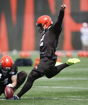 The Browns' Austin Seibert kicks during an organized team activity session at the team's training facility in May. [Ron Schwane/Associated Press]