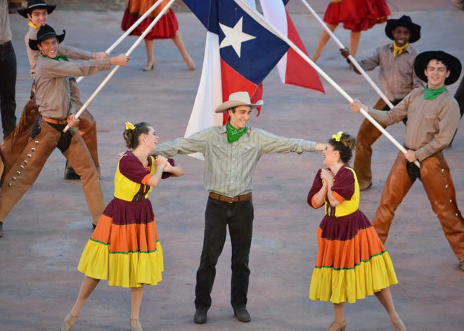 The opening song introduced many of the characters through song and dance. [Photo provided by Texas: The Musical]