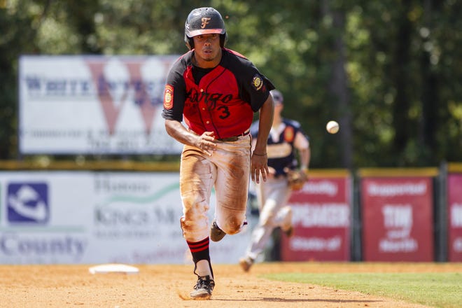 Brandt Kolpack of Fargo, N.D. Post 2 runs to third in game eleven of the 2019 American Legion World Series on Monday, August 19, 2019 at Veterans Field at Keeter Stadium in Shelby, N.C. [Chet Strange/The American Legion]