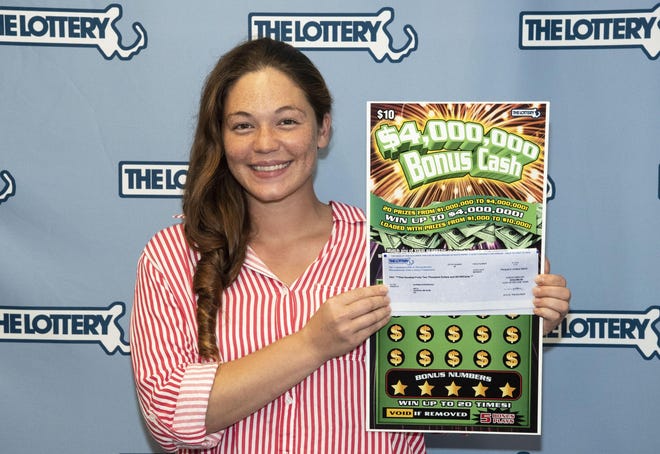 Katrina Rodriguez, 26, of Taunton bought a $4 million winning Lottery ticket at Amaro’s in Taunton on Monday morning, Aug. 19, 2019. [Massachusetts State Lottery photo]