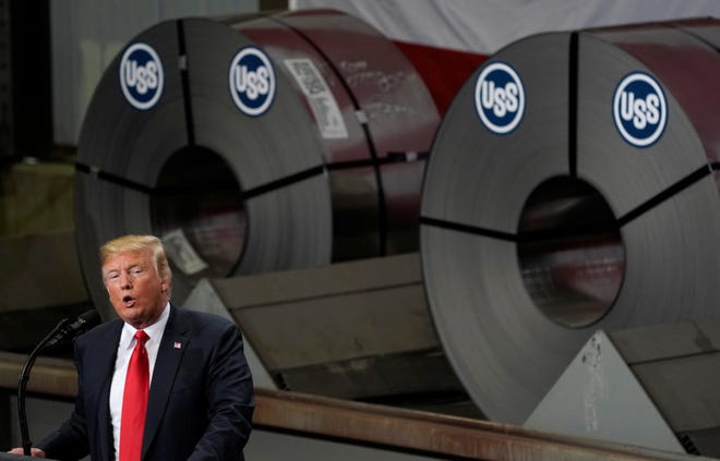 President Donald Trump speaks about trade at the Granite City Works steel coil warehouse in Granite City, Illinois, in July 2018.