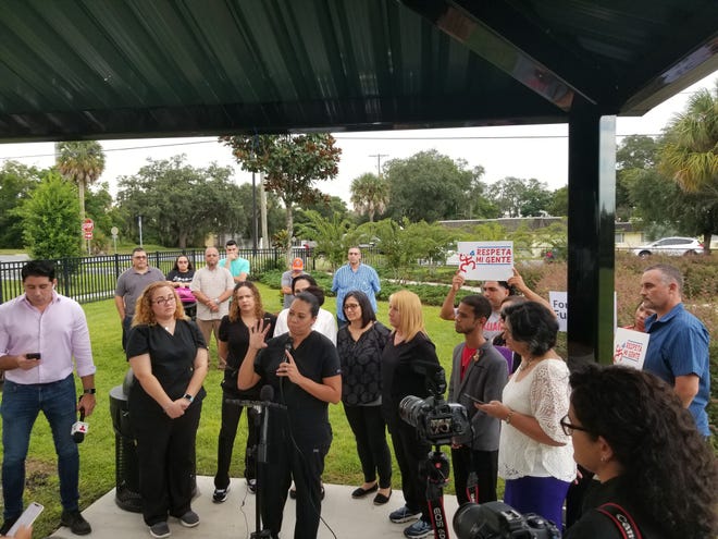 Nilian Quiñones, a nurse at the Florida Department of Health clinic in Haines City, speaks during a news conference Monday afternoon at Wilson Park in Davenport. [PROVIDED PHOTO/ALEX BARRIO, ALIANZA FOR PROGRESS]