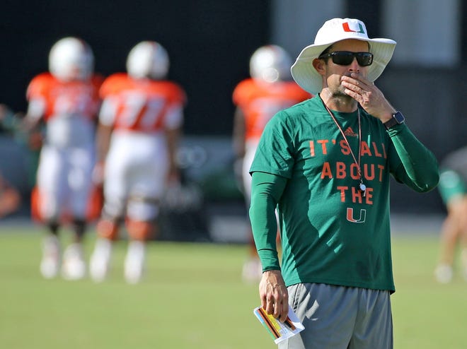 Miami Hurricanes head coach Manny Diaz watches practice at the University of Miami in Coral Gables last week.